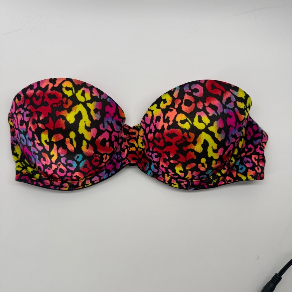 Victoria's Secret PINK Multi-Way Push-Up Bra 34C Rainbow Neon Leopard Strapless